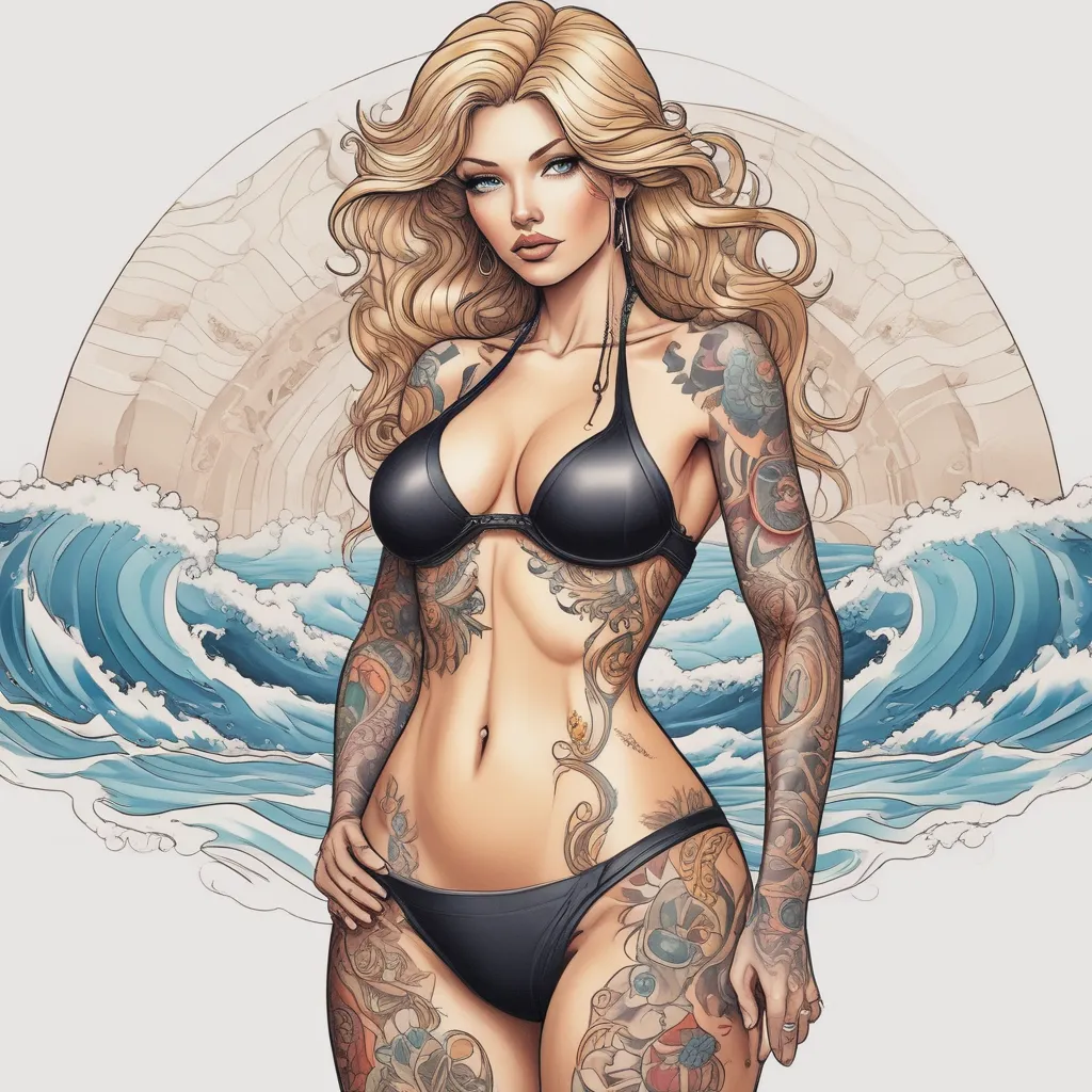 Donald Trump in a bikini, admiring the best waves tatuaggio