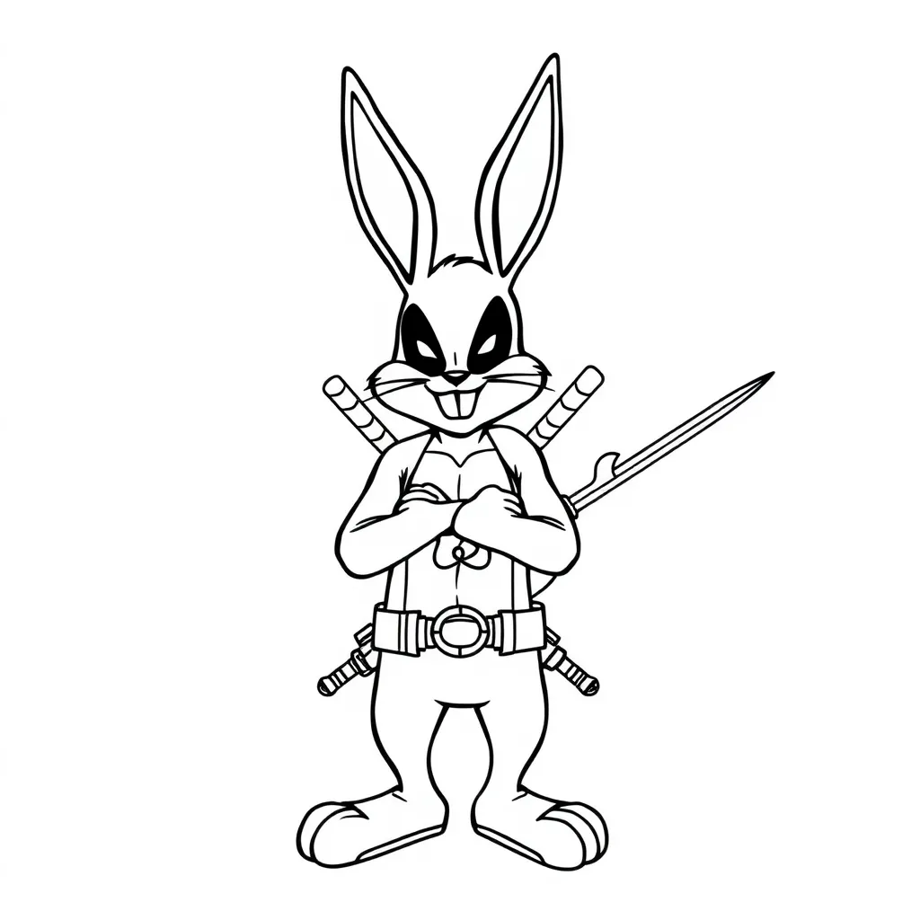 Plantilla de tatuaje estilo puntillismo de bugs bunny disfrazado con el traje de deadpool en una pose donde tenga las manos hacia atrás intentando sacar las espadas. tattoo