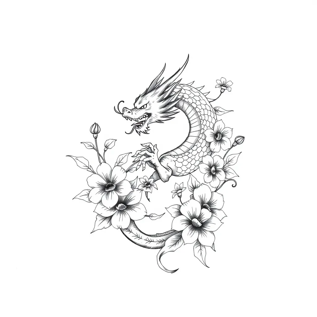 Dragon and flowers tattoo