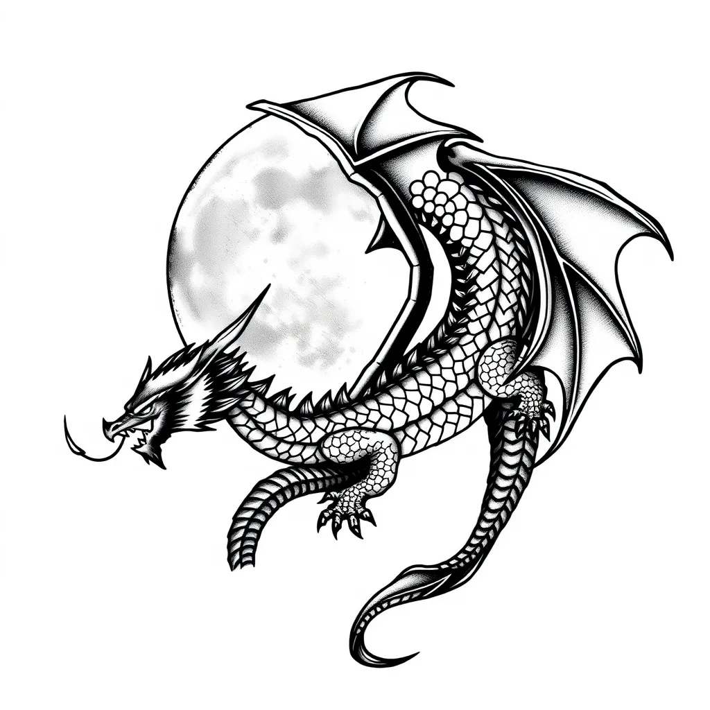 dragon flying past moon tatuaje