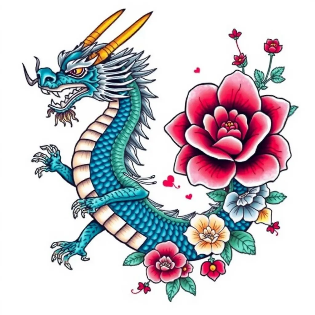 Dragon japanese samurai color flowers tattoo