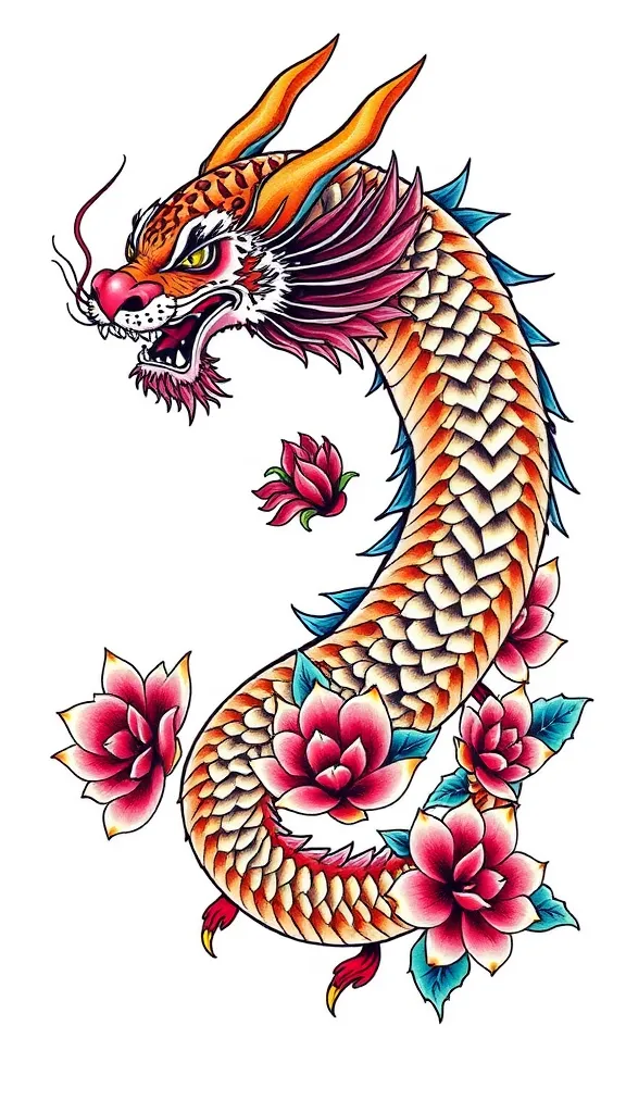 龙 荷花 老虎 tattoo