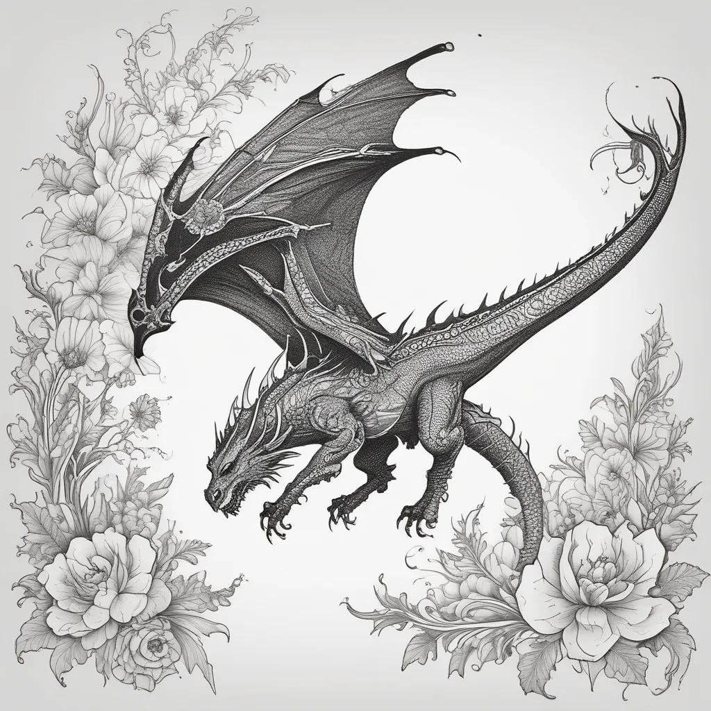 SILUETA DE DRAGON VOLANDO , SALIENDO DE EL FUEGOY FLORES 문신