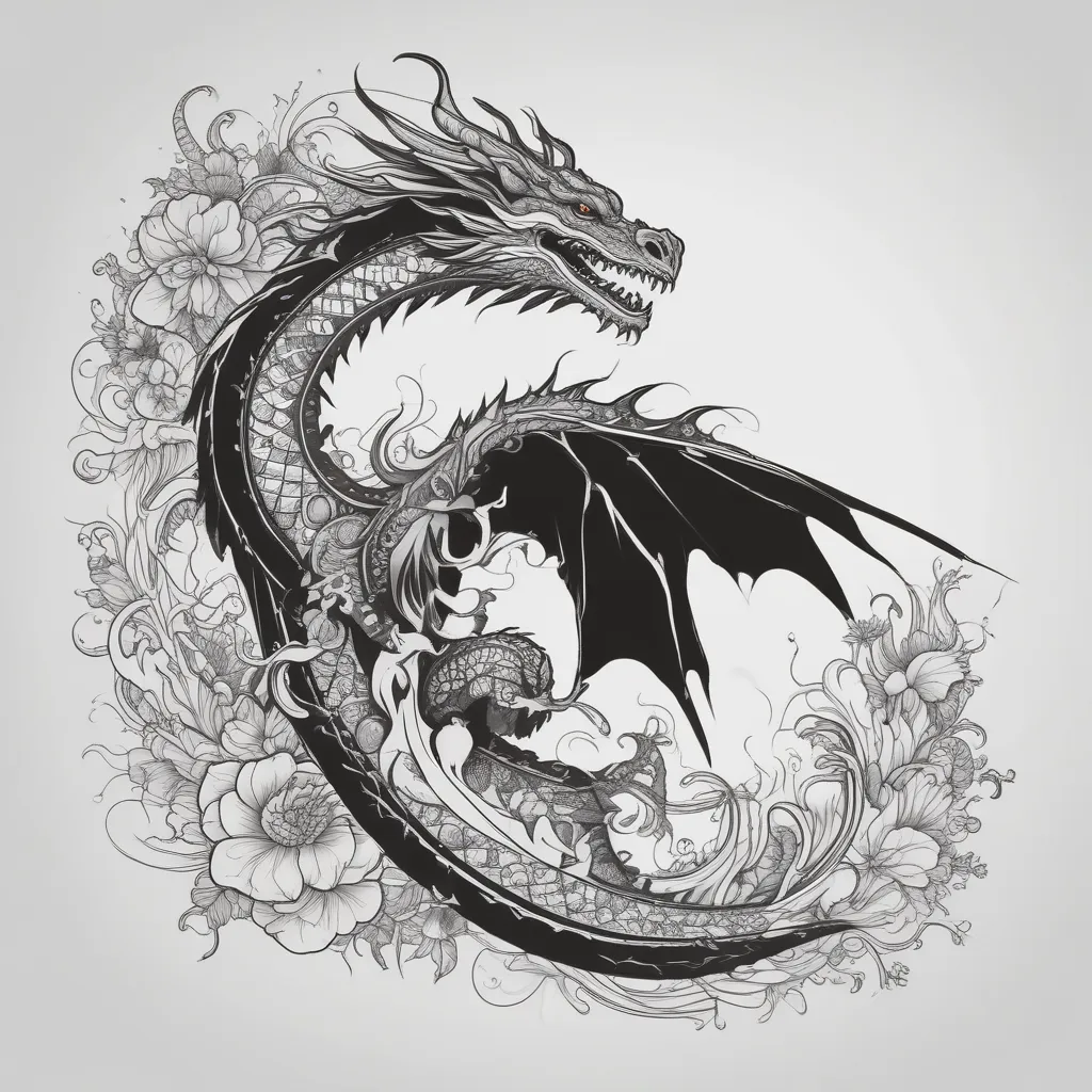 SILUETA DE DRAGON VOLANDO , SALIENDO DE EL FUEGOY FLORES tatuagem