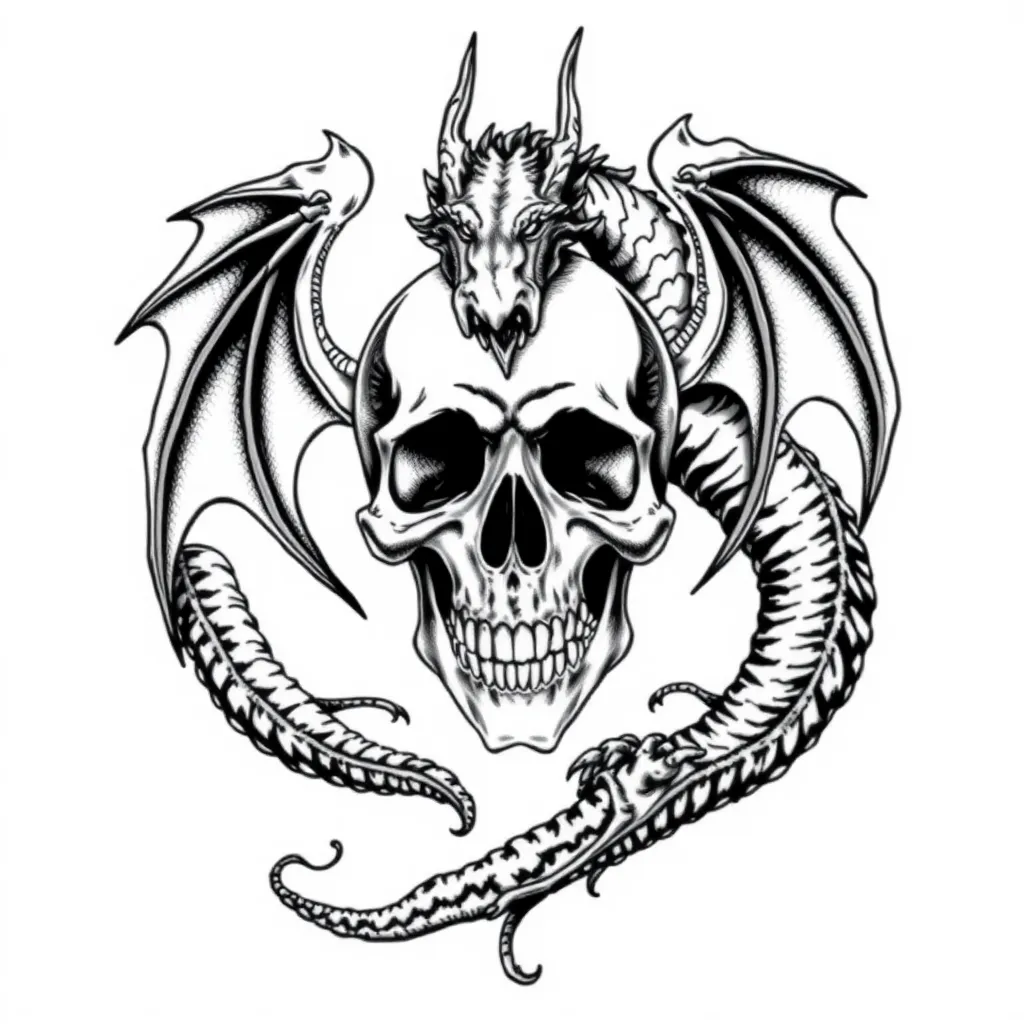 dragon entourant une tete de mort  tatuagem