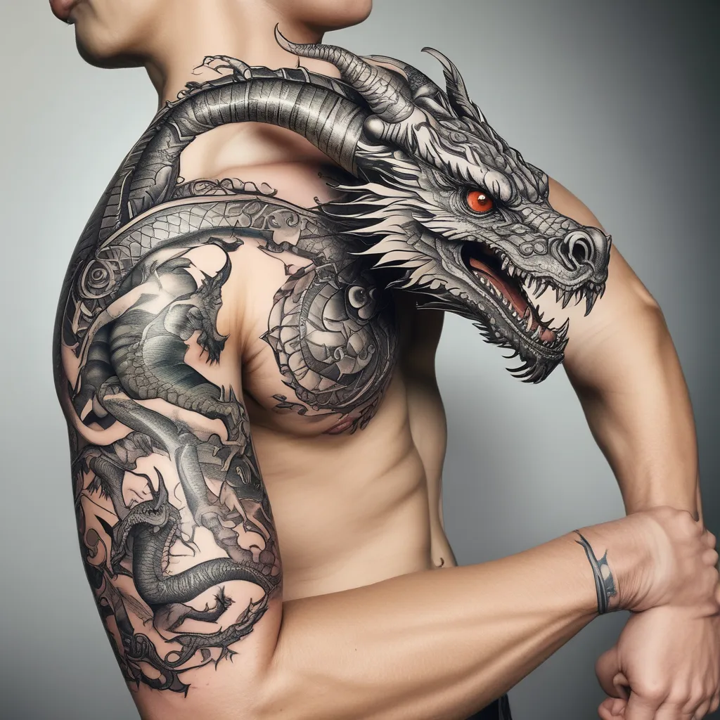 dragon wrapped around upper arm digging claws into skin tatouage