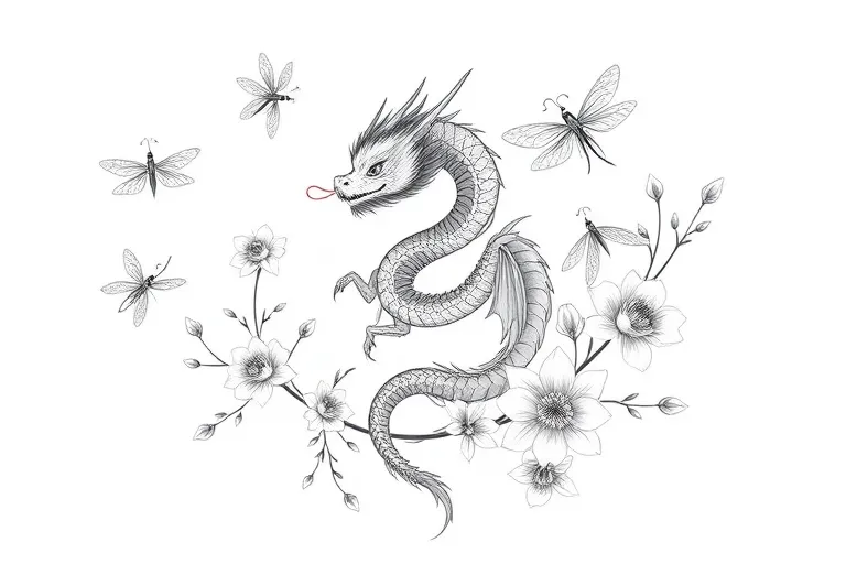 Libellules : Plusieurs libellules délicates, volant autour du dragon, leurs ailes dessinées avec des lignes fines et un effet léger pour représenter leur fragilité.

Dragon : Un dragon élégant, au style minimaliste ou légèrement détaillé, occupant le centre et s’étendant légèrement vers le bas ou les côtés.

Fleurs : Des fleurs fines et légères (par exemple, des pivoines ou des fleurs de cerisier), enroulant les libellules et le dragon pour donner une composition équilibrée tetování