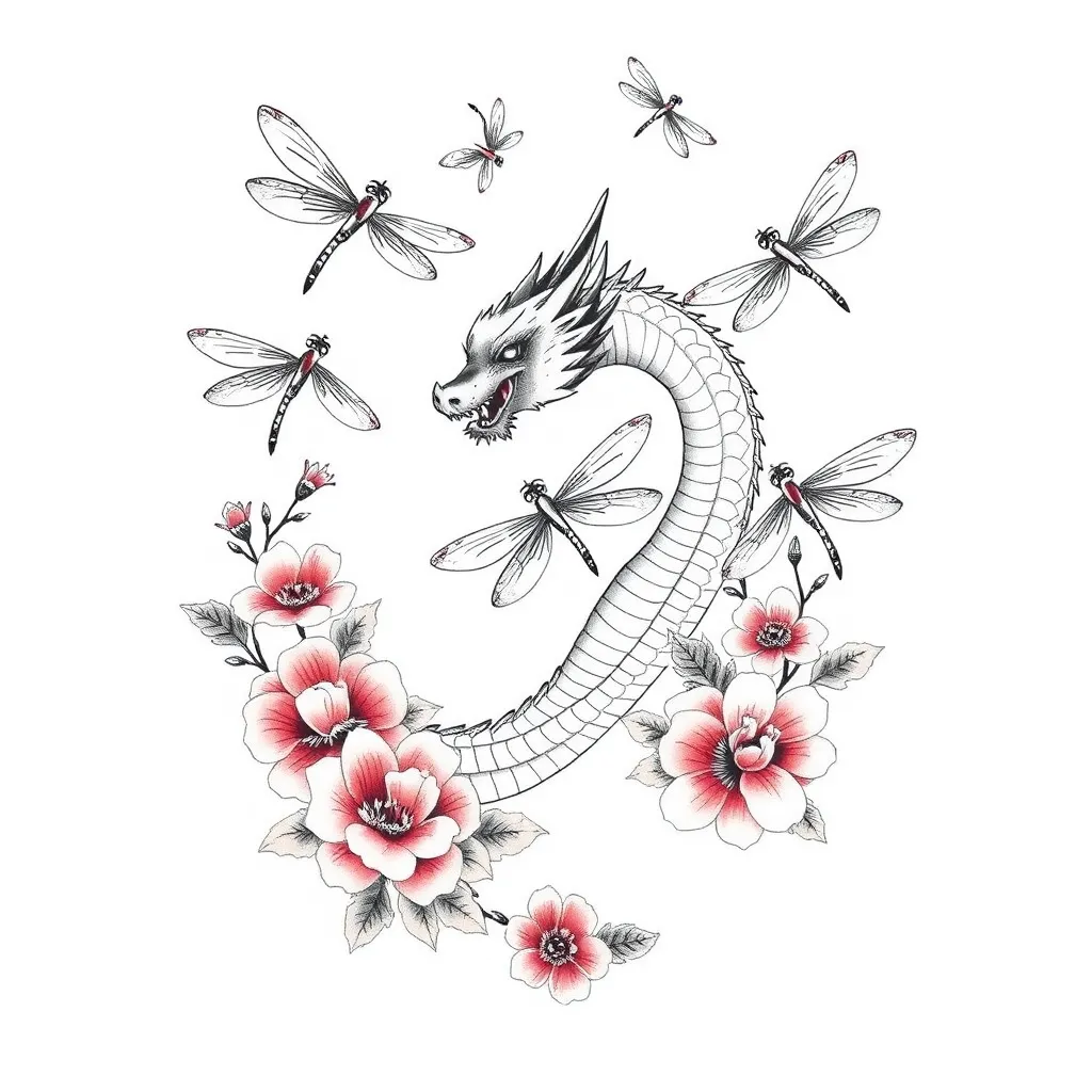 Libellules : Plusieurs libellules délicates, volant autour du dragon, leurs ailes dessinées avec des lignes fines et un effet léger pour représenter leur fragilité.

Dragon : Un dragon élégant, au style minimaliste ou légèrement détaillé, occupant le centre et s’étendant légèrement vers le bas ou les côtés.

Fleurs : Des fleurs fines et légères (par exemple, des pivoines ou des fleurs de cerisier), enroulant les libellules et le dragon pour donner une composition équilibrée tetování