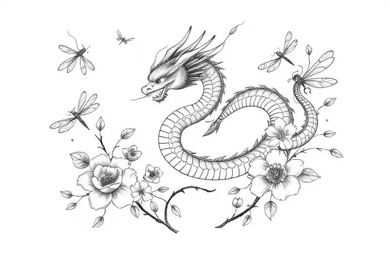 Libellules : Plusieurs libellules délicates, volant autour du dragon, leurs ailes dessinées avec des lignes fines et un effet léger pour représenter leur fragilité.

Dragon : Un dragon élégant, au style minimaliste ou légèrement détaillé, occupant le centre et s’étendant légèrement vers le bas ou les côtés.

Fleurs : Des fleurs fines et légères (par exemple, des pivoines ou des fleurs de cerisier), enroulant les libellules et le dragon pour donner une composition équilibrée tetování