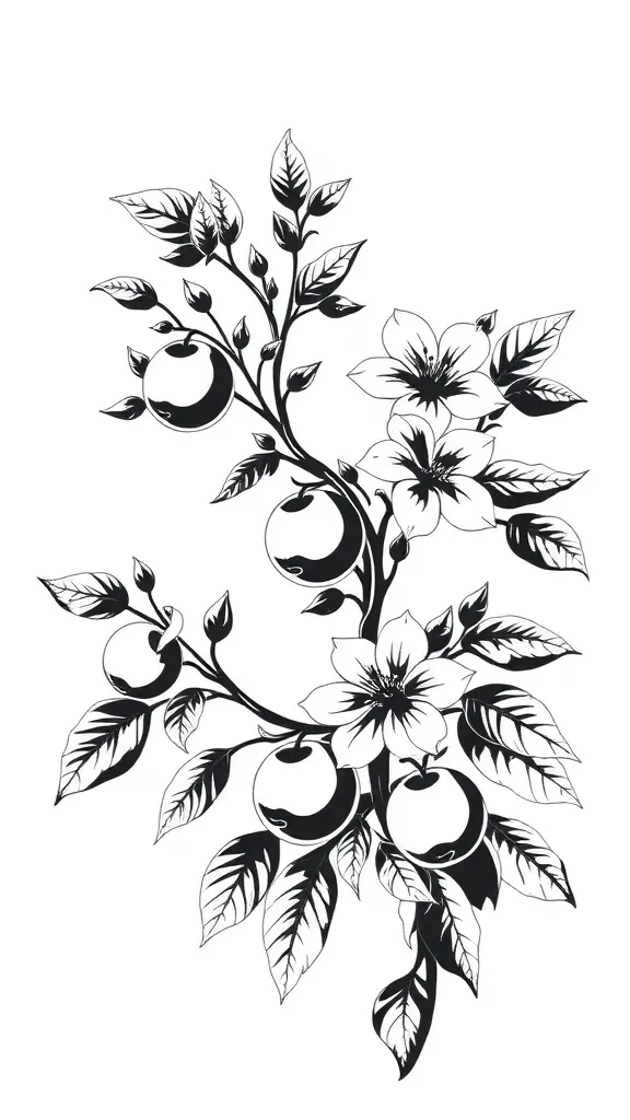 faça um desenho em preto e branco sem sombreados para uma tatuagem. O desenho deve ser de galhos de uma arvore de acerola e deve conter as flores e frutos dessa arvore, coloque os frutos em destaque Tätowierung