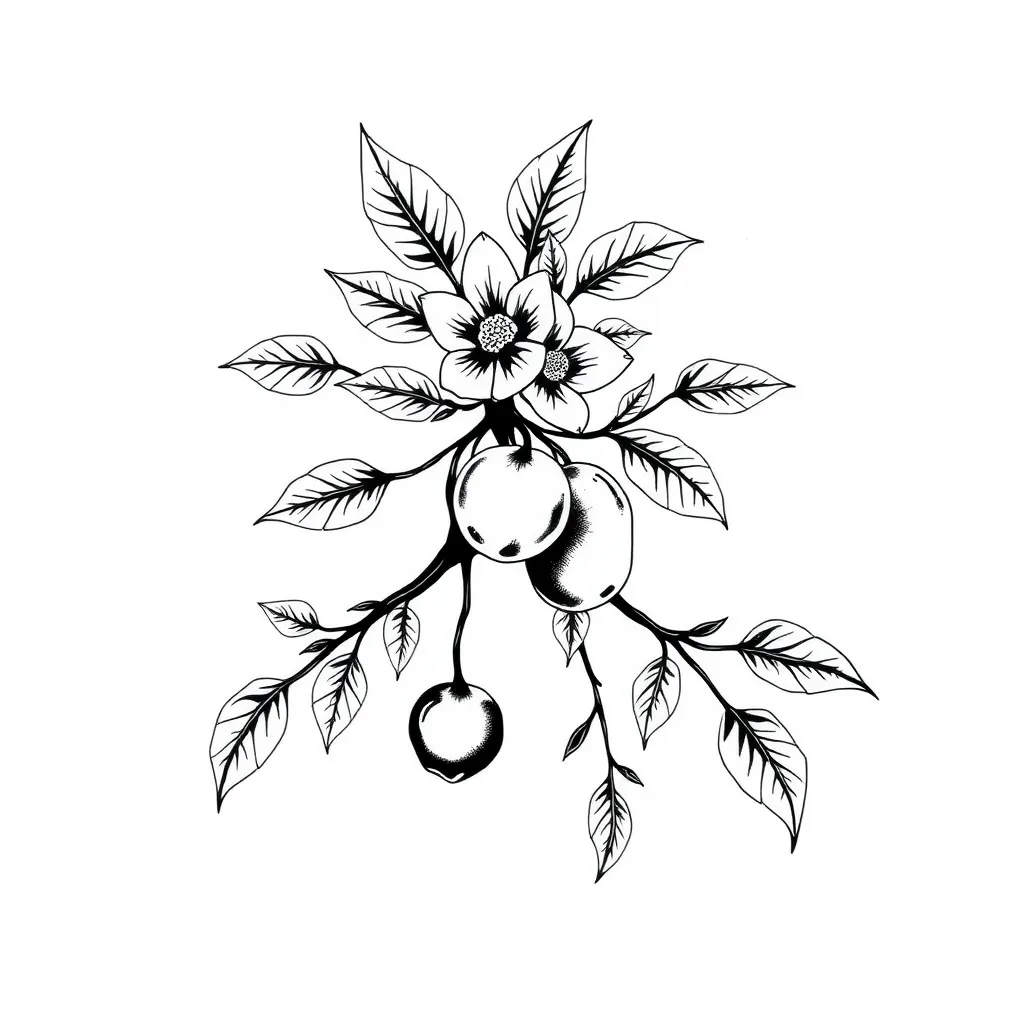 faça um desenho em preto e branco sem sombreados para uma tatuagem. O desenho deve ser de galhos de uma arvore de acerola e deve conter as flores e frutos dessa arvore, coloque os frutos em destaque tatuering