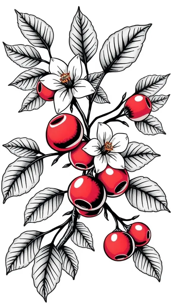 faça um desenho em preto e branco sem sombreados para uma tatuagem. O desenho deve ser de galhos de uma arvore de acerola e deve conter as flores e frutos dessa arvore, coloque os frutos em destaque  татуировка