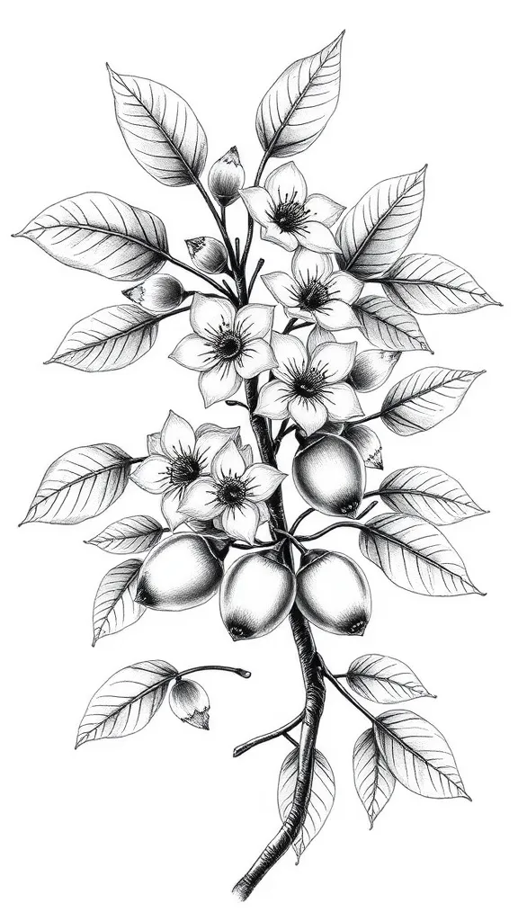 faça um desenho em preto e branco sem sombreados para uma tatuagem. O desenho deve ser de galhos de uma arvore de acerola e deve conter as flores e frutos dessa arvore, coloque os frutos em destaque tatouage