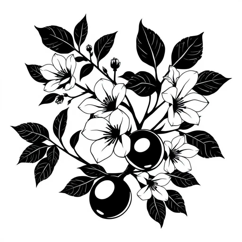 faça um desenho em preto e branco sem sombreados para uma tatuagem. O desenho deve ser de galhos de uma arvore de acerola e deve conter as flores e frutos dessa arvore, coloque os frutos em destaque tatuering