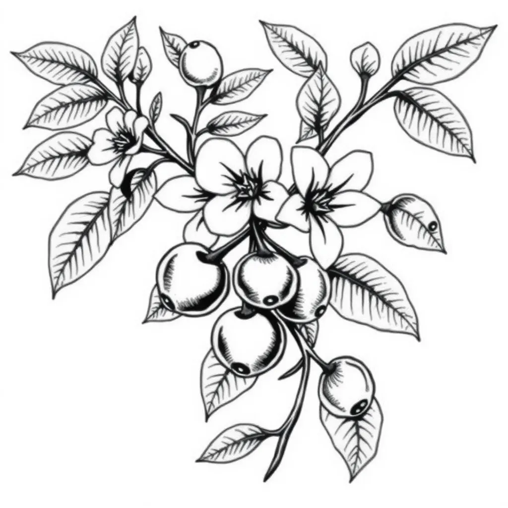 faça um desenho em preto e branco sem sombreados para uma tatuagem. O desenho deve ser de galhos de uma arvore de acerola e deve conter as flores e frutos dessa arvore, coloque os frutos em destaque टैटू