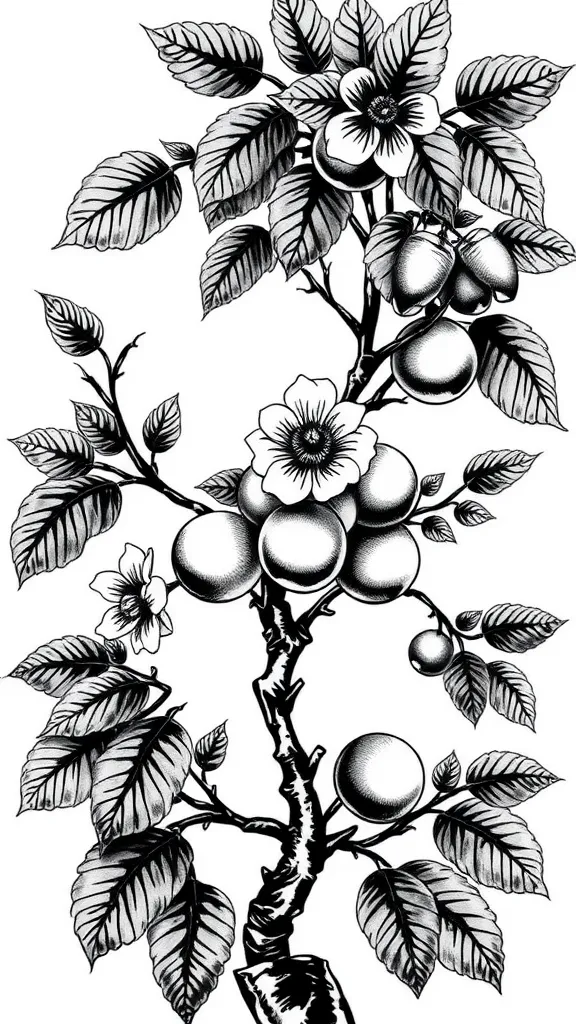 faça um desenho em preto e branco sem sombreados para uma tatuagem. O desenho deve ser de galhos de uma arvore de acerola e deve conter as flores e frutos dessa arvore, coloque os frutos em destaque tattoo