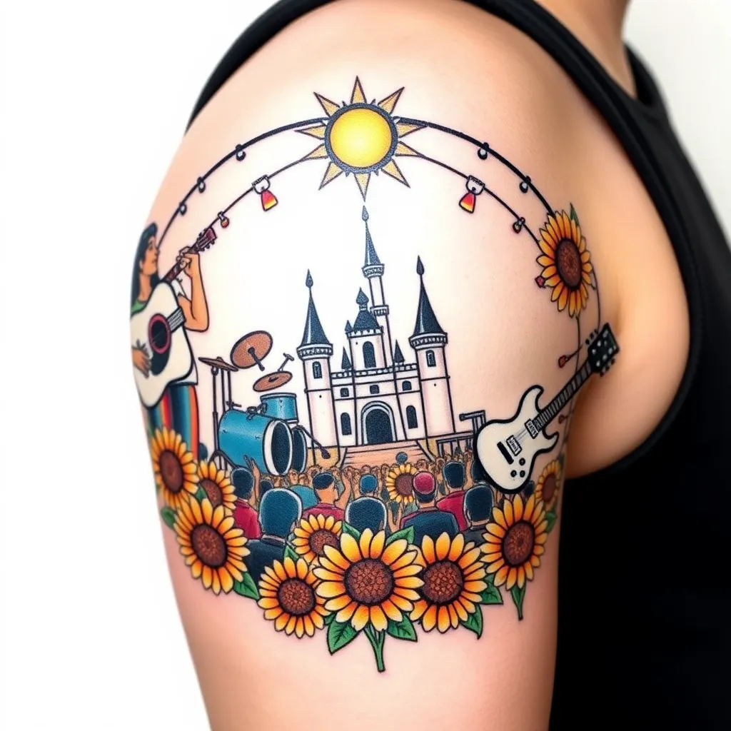 Desenhe uma tatuagem circular para o braço, que represente: um show de rock, com um vocalista, um baterista, um baixista e um guitarrista, com uma multidão vibrando e o local do show precisa ser um castelo rodeado de girassóis. tatuaggio