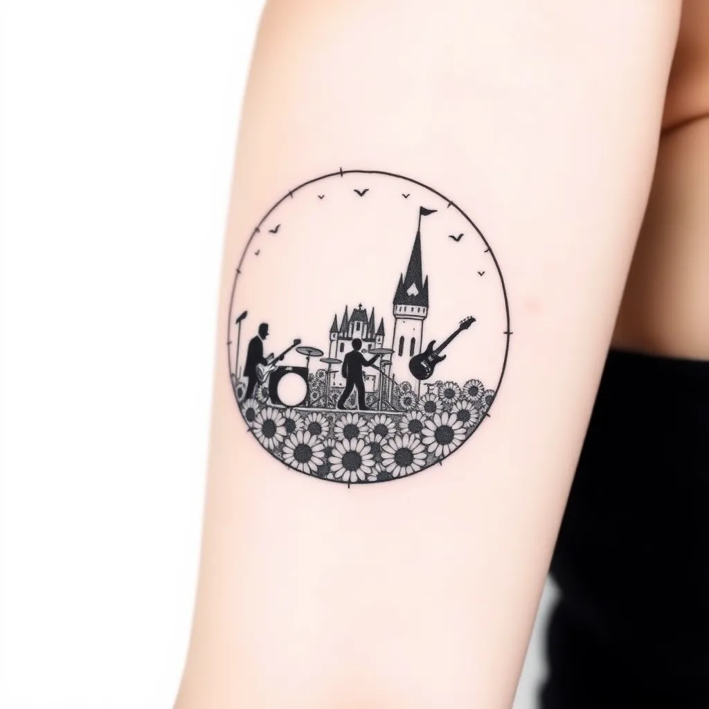 Desenhe uma tatuagem circular para o braço, que represente: um show de rock, com um vocalista, um baterista, um baixista e um guitarrista, com uma multidão vibrando e o local do show precisa ser um castelo rodeado de girassóis. 문신