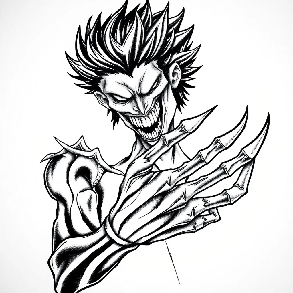 Draw a detailed sketch-style tattoo of the character Ryuk, a Shinigami from Death Note, in black and gray. Focus on highlighting Ryuk's distinctive features, such as his sharp teeth, menacing expression, and prominent clawed hand, ensuring that his long, bony fingers and talon-like nails are clearly visible. Use a sketch approach with textured lines, capturing the eerie and otherworldly feel of the character. tattoo