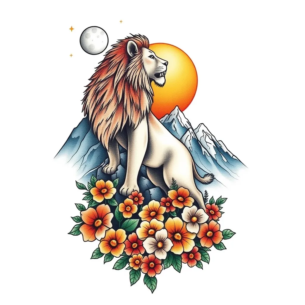 draw a light colors realistic design in which there is realistic mountains, in the downwards of the mountains there is curve chain of flowers blooming up and on the tallest mountain there is a super realistic lion, on the back of the lion the environment is like the sun is rising up like little bit yellow and orange colours and on the left upper side there is a moon with some stars, white background tatuaż