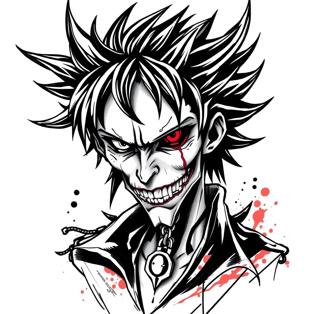 Draw a sketch-style tattoo of the character Ryuk, a Shinigami from Death Note, in black and gray. Focus on highlighting Ryuk’s distinctive features. Use a sketch approach with textured lines to capture the creepy, otherworldly feel of the character. tattoo