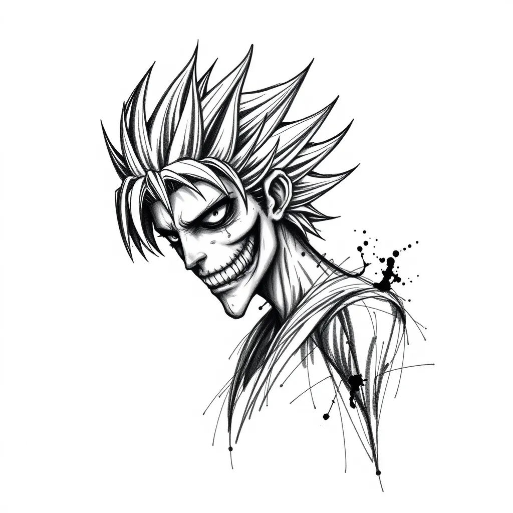 Draw a sketch-style tattoo of the character Ryuk, a Shinigami from Death Note, in black and gray. Focus on highlighting Ryuk’s distinctive features. Use a sketch approach with textured lines to capture the creepy, otherworldly feel of the character. tattoo