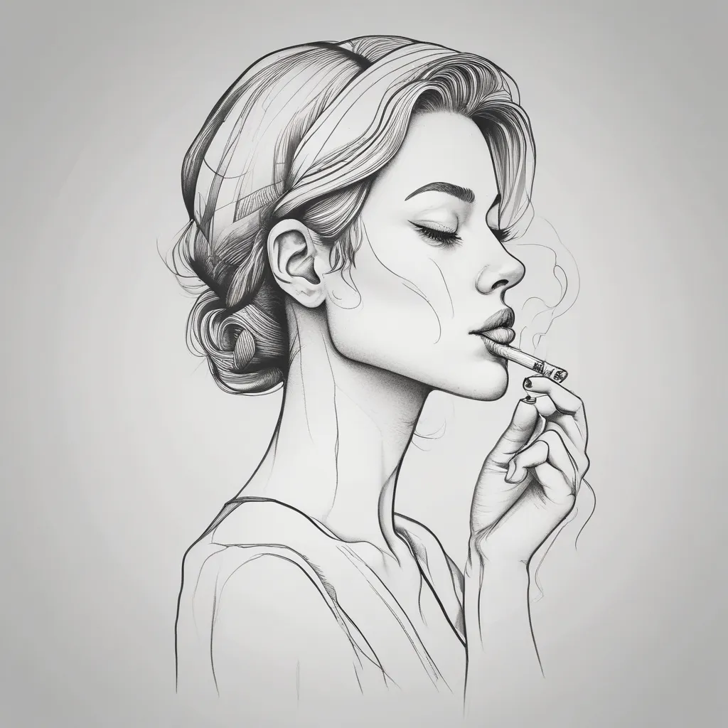 dessine moi le portrait d'une femme qui fume une cigarette avec un style de trait fin وشم