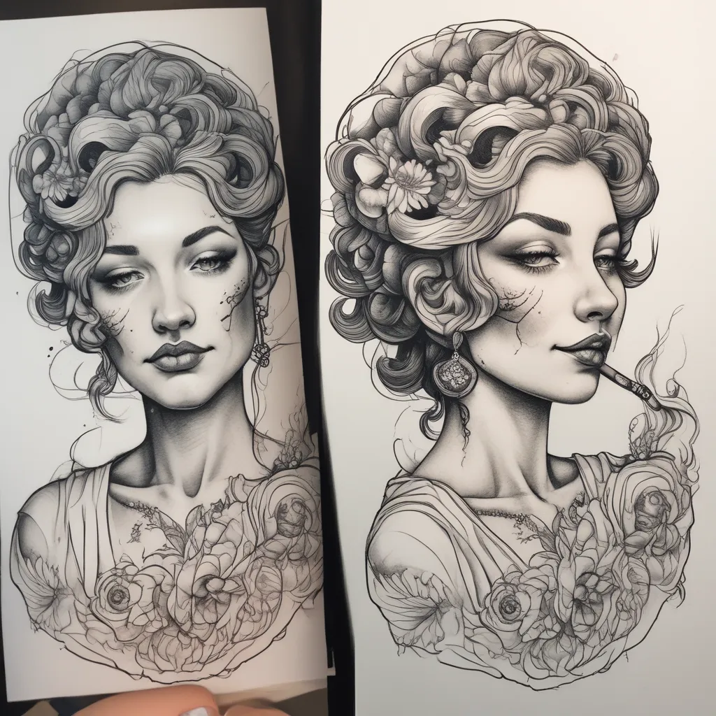 dessine moi le portrait d'une femme qui fume une cigarette avec un style de trait fin tatuering