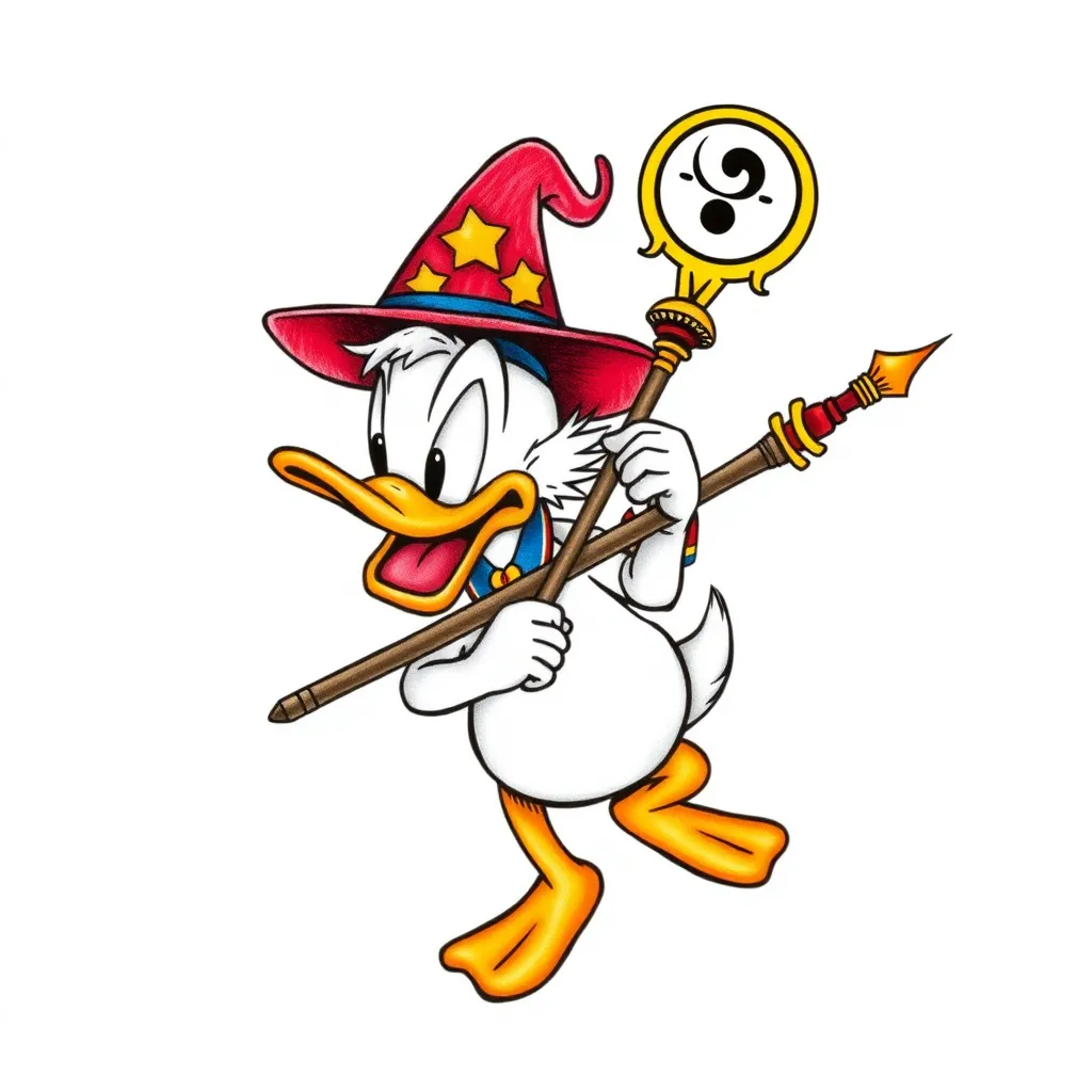 

drawing and tattoo of Disney's Scrooge McDuck holding just a wizard's staff with a visible yang-ying symbol at the top tattoo