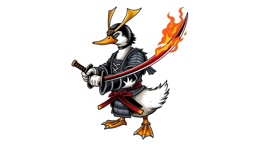 Duck-samurai holding a burning katana 문신