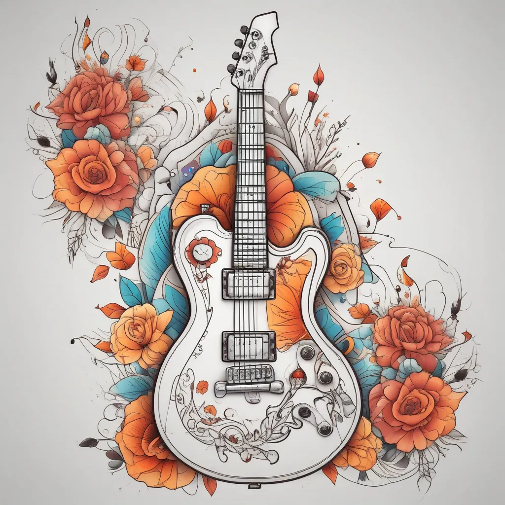 Electric guitar with flowers and fire tatuaggio