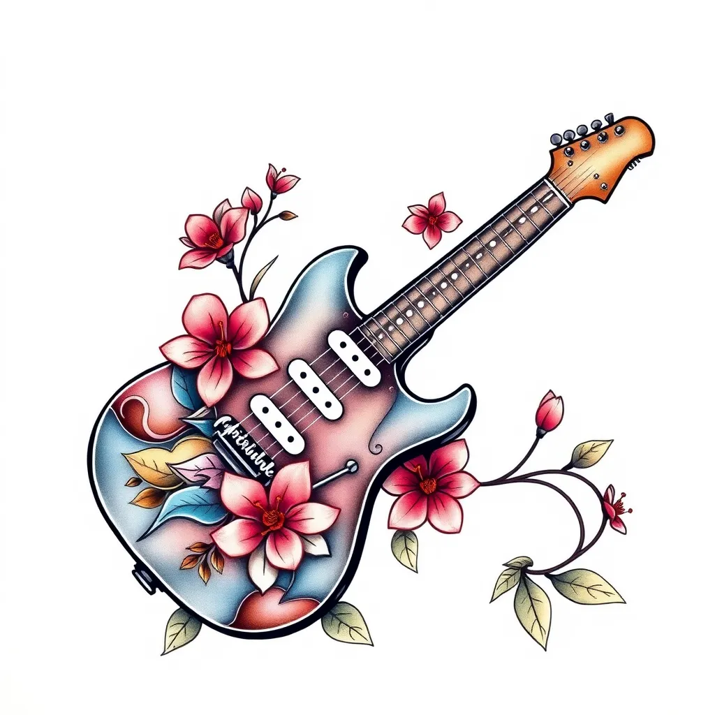 guitarra electrica con jazmin lineal tattoo