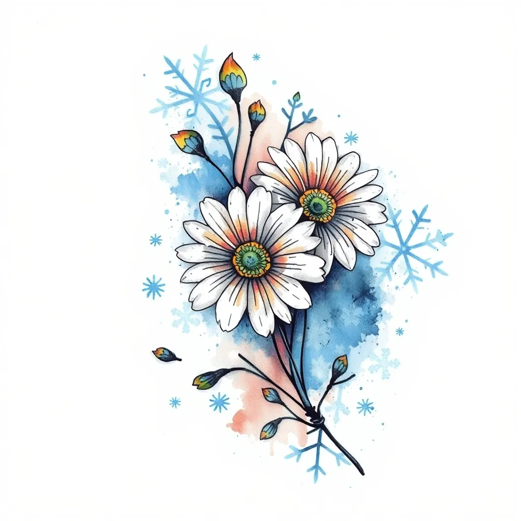元素：白色小雏菊，水彩风格背景，蓝色雪花❄️
位置：脚踝上侧8x5cm. 竖构图。
想要拉长腿部线条，流畅一些的设计风格。
氛围： 清冷 淡雅 
皮肤颜色：白皮
 tattoo