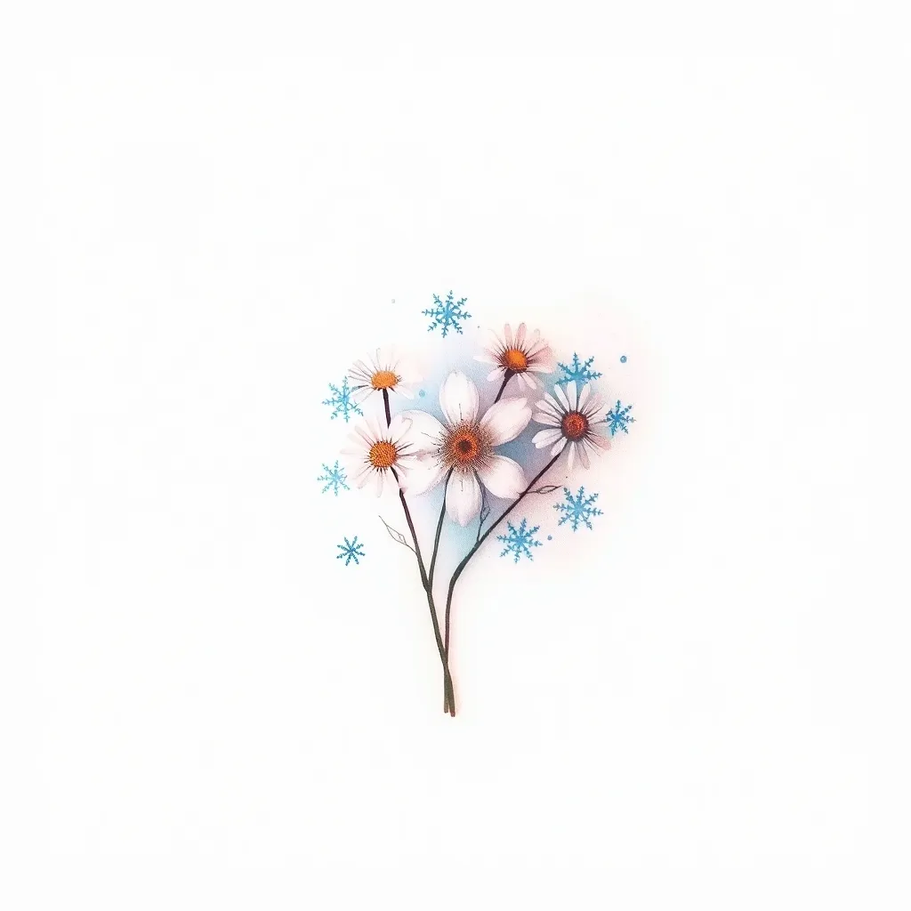 元素：白色小雏菊，水彩风格背景，蓝色雪花❄️
位置：脚踝上侧8x5cm. 竖构图。
想要拉长腿部线条，流畅一些的设计风格。
氛围： 清冷 淡雅 
皮肤颜色：白皮
 टैटू