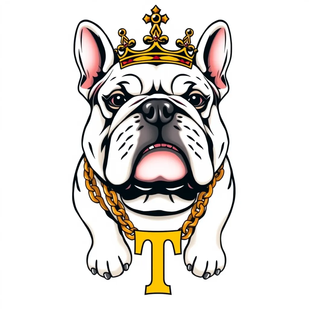 BULLDOG INGLES CON CORONA DE REY Y CADENA DE ORO CON LETRA T tattoo