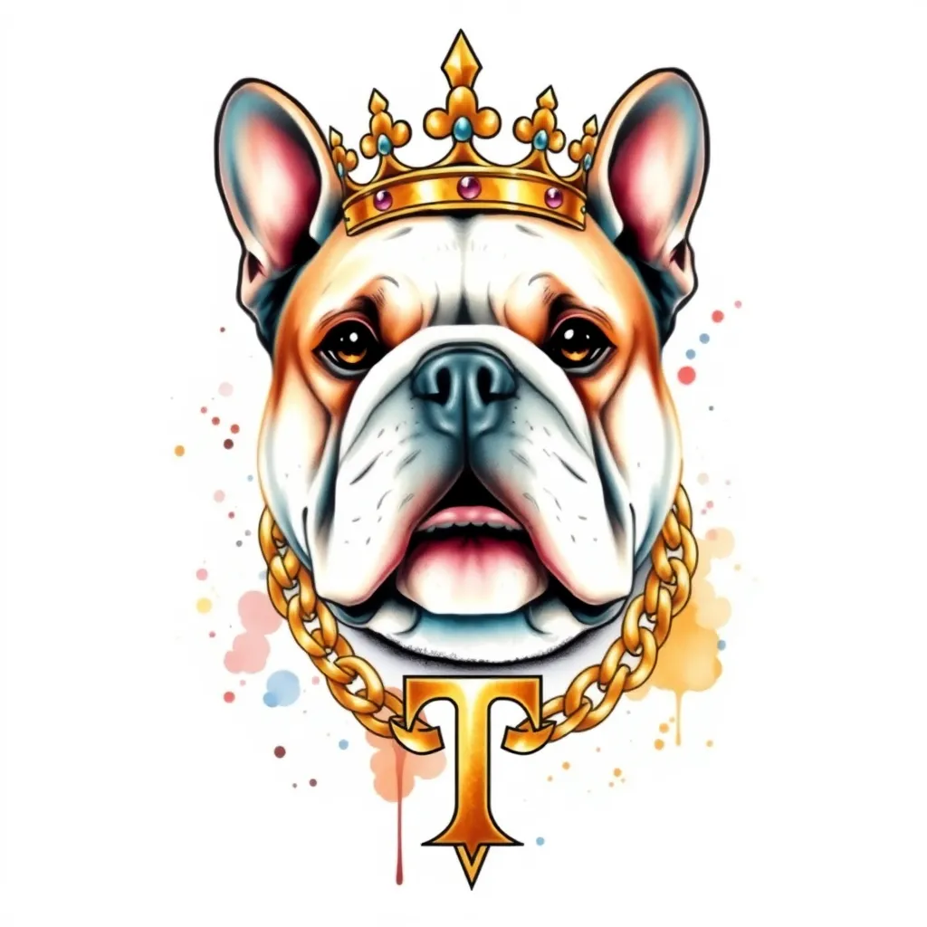 BULLDOG INGLES CON CORONA DE REY Y CADENA DE ORO CON LETRA T tattoo