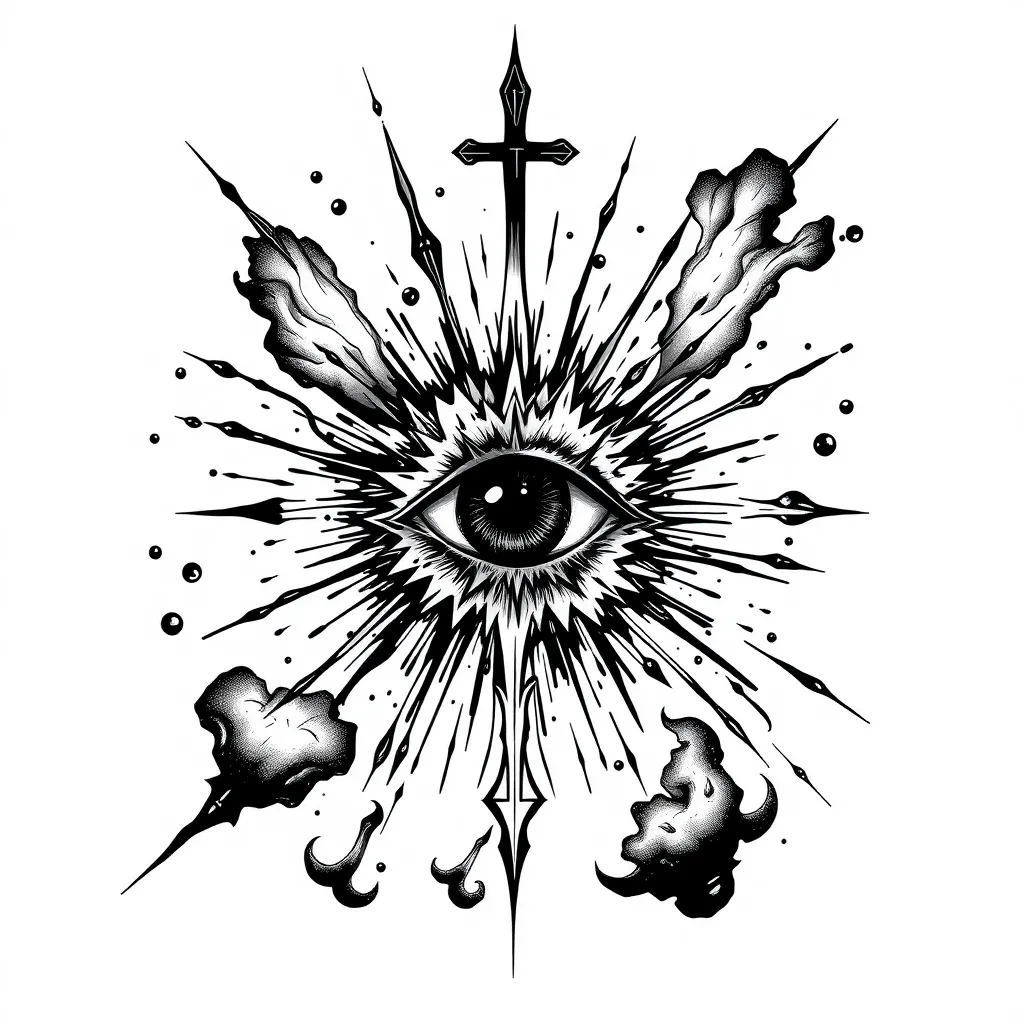 Explosion, Christian faith, expressing the pinnacle of everything, eye, a dark atmosphere tattoo