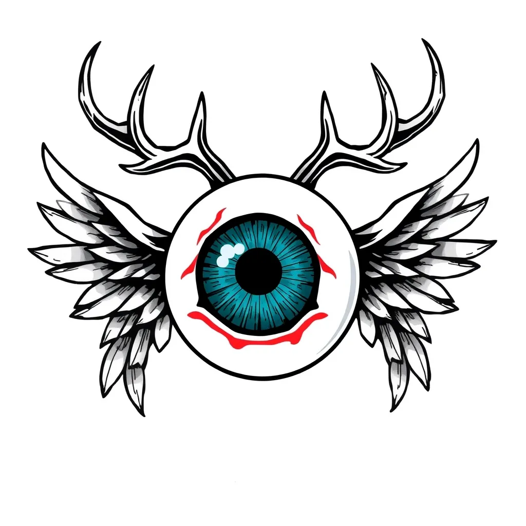 eyeball with wings coming from the side and antlers from the top tetování