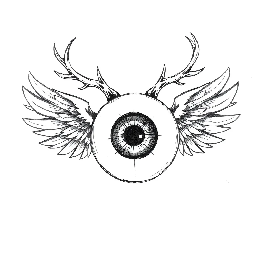 eyeball with wings from the side and antlers from the top  tatuaż