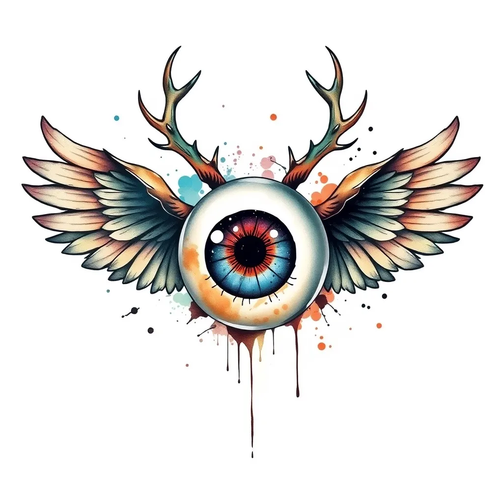 eyeball with wings from the side and antlers from the top tatoeage