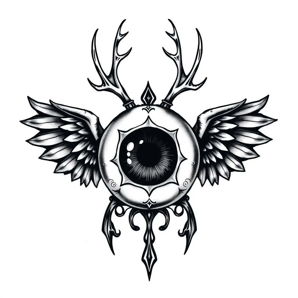 eyeball with wings off the side and antlers from the top  Tätowierung