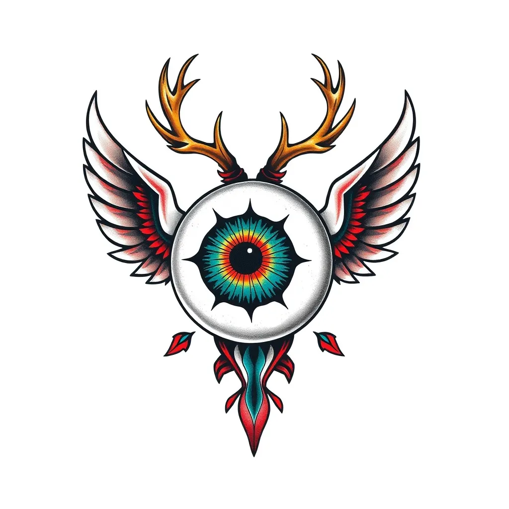 eyeball with wings off the side and antlers from the top  문신