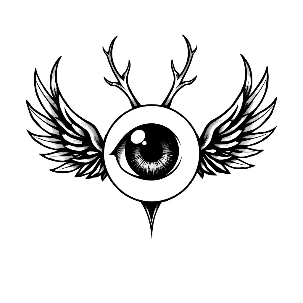 eyeball with wings off the side and antlers from the top  문신