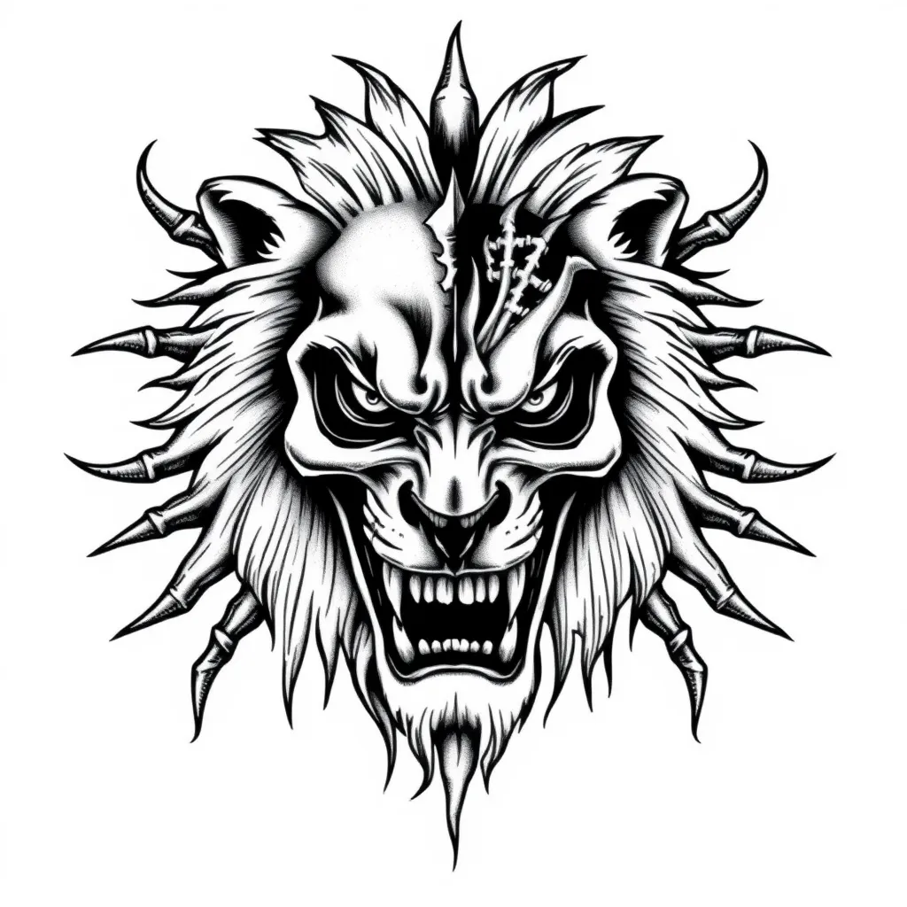 face of a lion half skeletonized and the other half angry tattoo