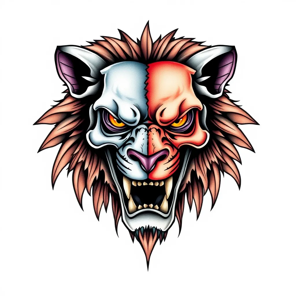 face of a lion half skeletonized and the other half angry tattoo