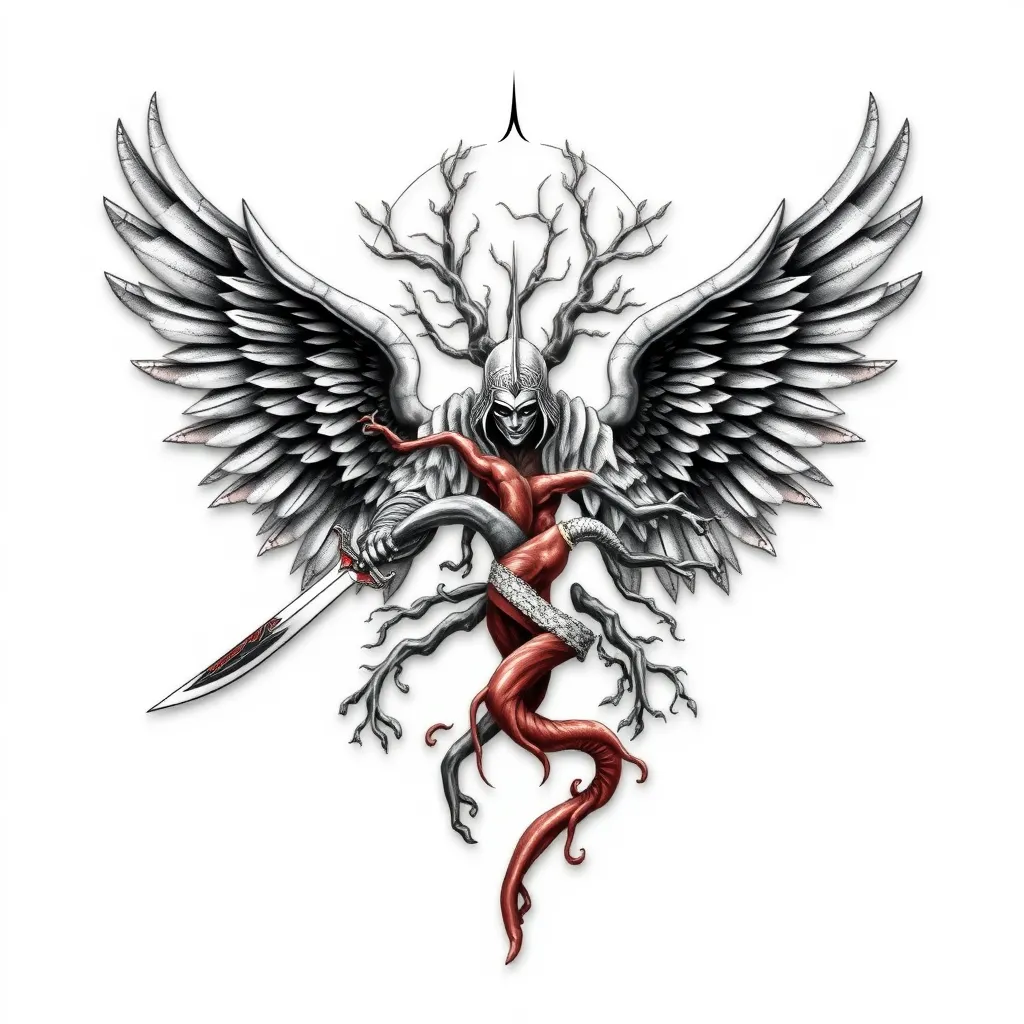 fallen angels, Japanese warrior, katanas, tree of life tatuaje