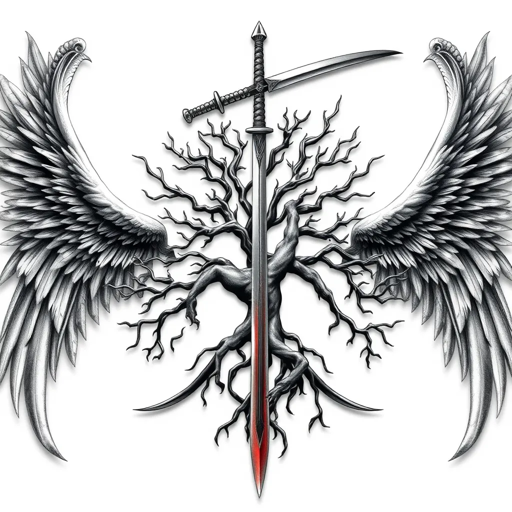 fallen angels, samurai, katanas, tree of life وشم