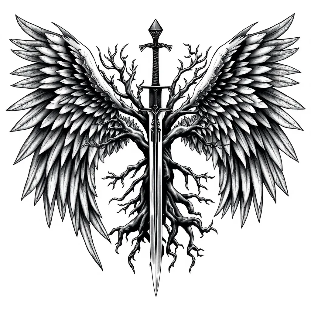 fallen angels, samurai warrior, katanas, tree of life, sword татуировка