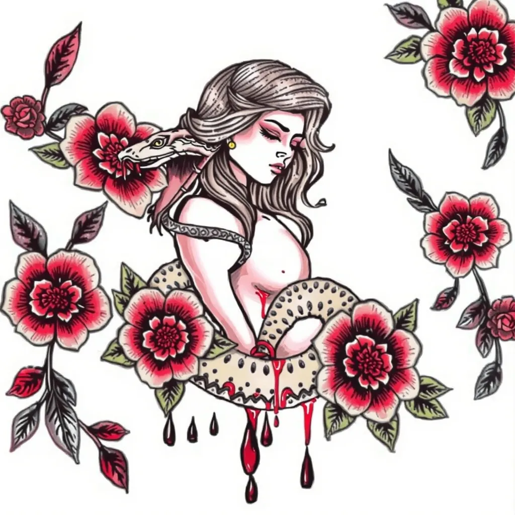 femenino, serpiente, sangre, flores Tätowierung