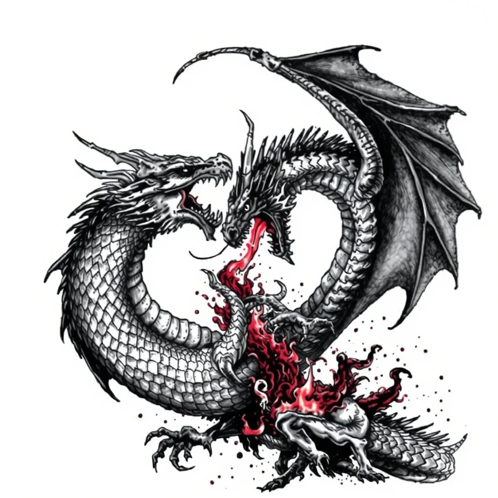 combat entre 2 dragons, violent et réaliste τατουάζ